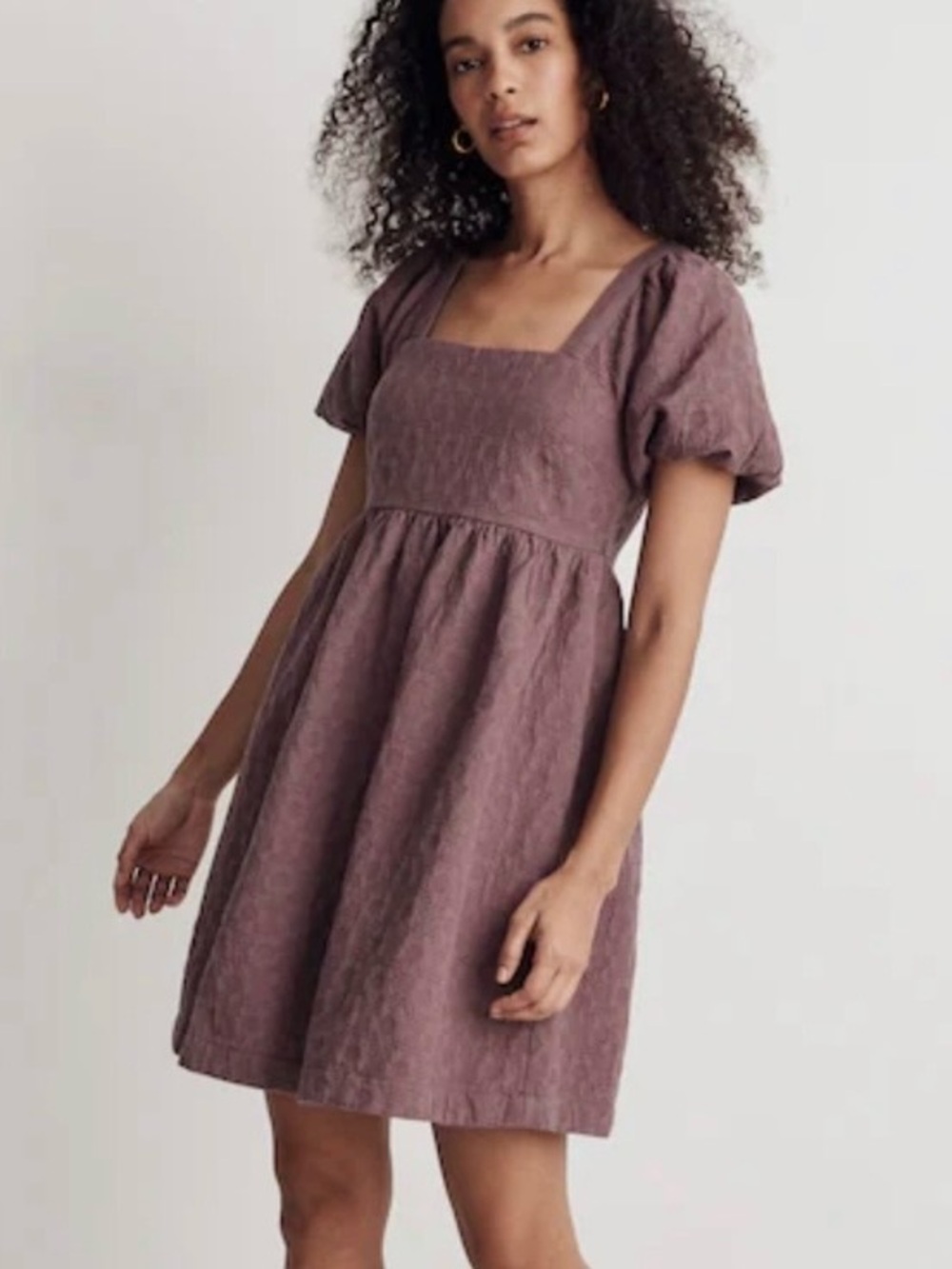 Madewell Floral Quilted Puff-Sleeve Jacquard Mini Dress Fig Medium 100% Cotton